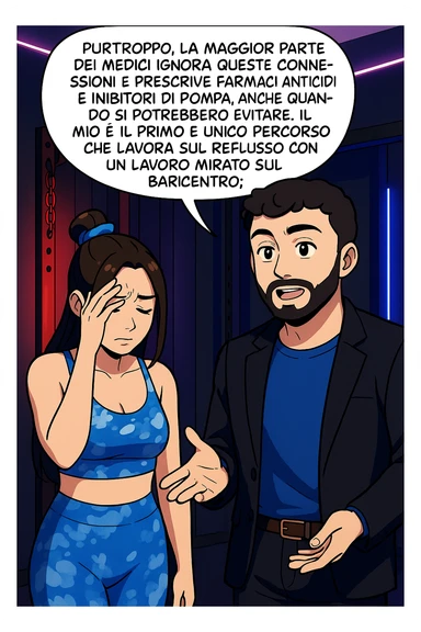 TRASFORMA QUESTO CAROSELLO IN UN FUMETTO STILE WEBTOON/MANGA A COLORI CON QUESTE DUE PERSONE IDENTICHE CHE INTERLOQUISCONO TRA LORO, L'uomo sta spiegando alla donna questo concetto MENTRE LA DONNA SI TIENE la mano sulla fronte sconcertata:

LUI (UOMO): Purtroppo, la maggior parte dei medici ignora queste connessioni e prescrive farmaci antiacidi e inibitori di pompa, anche quando si potrebbero evitare.
Il mio è il primo e unico percorso che lavora sul reflusso con un lavoro mirato sul baricentro; sticker