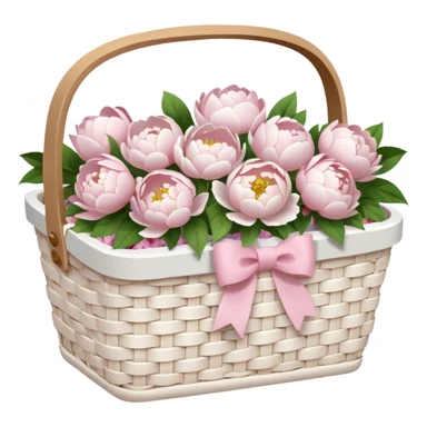 White Picnic basket with light pink bow and white peonies inside sticker