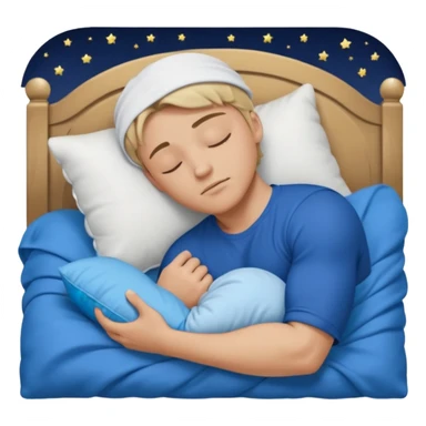 A young muscular male with short dark-blonde hair and medium-light skin, wearing blue cloth. He sleeps on his side, holding a soft white pillow, his head on a smooth blue pillow. A sleeping symbol floats above him in the dark, nighttime scene. A flowing blue blanket with silky folds covers him. sticker