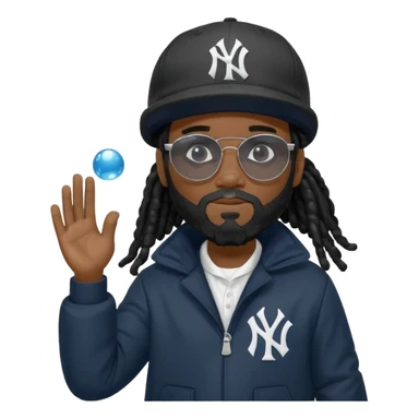 African American man with shoulder length black dreadlocks with black beard wearing black sunglasses with black bubble winter coat wearing a New York Yankees baseball hat with his hands on top of head in thinking position sticker