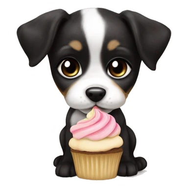 Cute big eyed Black and white girl teddy Roosevelt terrier puppy runt (no brown) eating a cupcake sticker