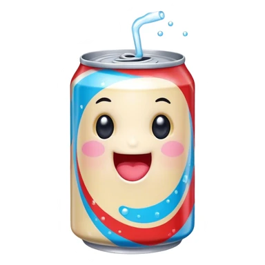 Cute Kawaii Soda Can, bubbly and vibrant, bright red and blue stripes, playful fizz popping around, a chubby happy face with wide sparkling eyes, energetic and refreshing! sticker
