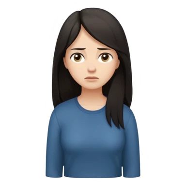 "Cartoon emoji of a woman with long, loose dark hair, wearing plain, simple clothes. Full-height, standing, nervous, unsure, worried expression. Slightly hunched, anxious posture. Smooth, simple, stylized."Eyes looking down or away, avoiding direct contact sticker