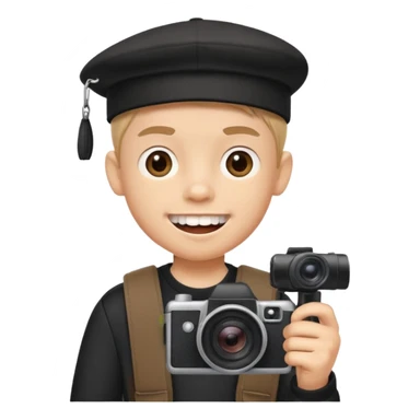 cartoon schoolboy with black cap prominent front teeth holding a camera in his hand sticker