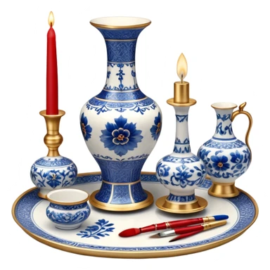 Metal painting icon, a metal vase, tray, and candlestick, each decorated with different techniques: Gzhel-style blue floral patterns, Chinese red and gold designs, and intricate Golden embroidery-style details. Visible fine paintbrush, paint pots, and accessories like porcelain palette, minimalistic style, clean lines, transparent background. sticker
