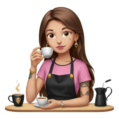 Fille cheveux long châtain, peau beige type européen, teeshirt rose avec un tablier noir, piercing au nez anneau doré, boucle d’oreille diamant doré. Elle boit un café. tatouage à la gorge  sticker