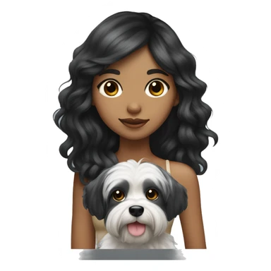 TAN SKIN GIRL with long black wavy hair and bangs HOLDING her black and white shitzu  sticker