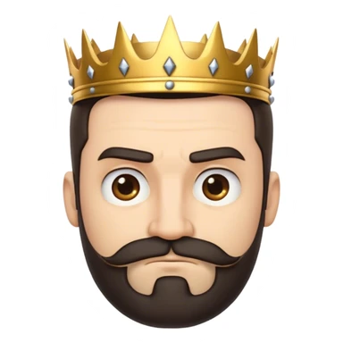 Create a cartoon-style emoji of a man with the following characteristics:

Serious and slightly skeptical expression with furrowed eyebrows and a slight frown.
Dark beard and mustache, neatly trimmed.
Short hair on the sides with slightly longer hair on top, styled naturally.
Wearing a golden crown with spikes and rounded tips.
Intense, thoughtful gaze looking slightly off-camera.
Bold outlines and simplified facial features, maintaining a fun and playful emoji style.
Transparent background, suitable for use as a digital sticker or emoji. sticker