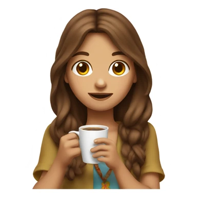 hippie girl with brown hair drinking coffee and holding up peace sign sticker