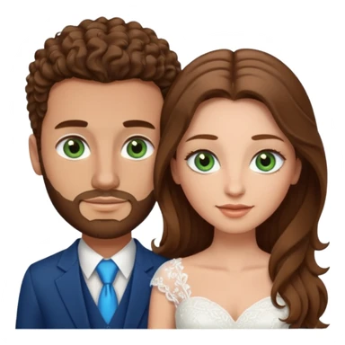 wedding couple, woman has long straight brown hair and green eyes, man has short light brown curly hair and facial hair with blue eyes sticker