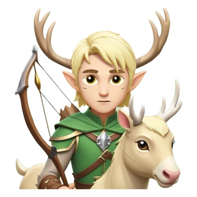 clash-of-clans-aesthetic-blond-male elf-archer-portrait-emoji, rendered in a flat, vector-style with minimal shading and bold, simplified shapes, head tilted slightly forward with a determined, focused expression, riding a majestic white stag whose antlers glow with mystical energy, set against an ancient, enchanted forest backdrop. sticker