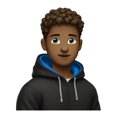 a 21 year old boy with blue eyes, brown hair, with a taper fade and a black hoodie sticker