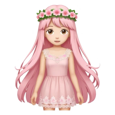 pastel anime woman with pink and white lace dress full body and long hair with flower crown sticker