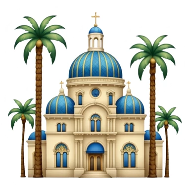 California Building with ornate blue, gold, and green tile dome and adjoining slender California Tower, Spanish Colonial Revival style, baroque details, palm trees, simple, no text, white background sticker