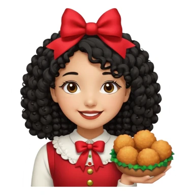 cute girl tan skin, curly black hair chin length, middle part, long eyelashes, cute cheeks, 5'2, outfit croquette style with bows and christmas theme, smiling,  no bangs sticker