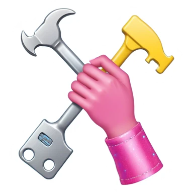 Yellow hand with bright pink fingernails holding a silver wrench. The hand is wearing what appears to be a blue sleeve or cuff at the wrist. The entire composition is set against a light blue square background with small pink sparkle or star elements sticker