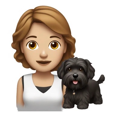 caramel skinned middle aged woman with brown hair, with black/white havanese dog sticker