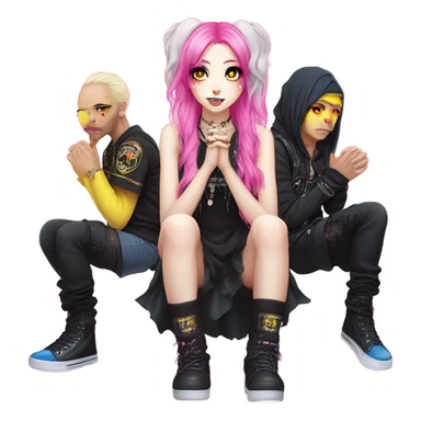 Blue eyed long eye lashes pout blonde and pink hair pale hime gyaru girl, hot pink and yellow split-dyed hair, nose ring, elf ears, dark makeup, punk clothes standing next to three diffrent men praying on their knees sticker