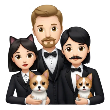 Couple, Tall white man with short brown hair mustache and goatee, small pale woman long with black hair, yorkshire terrier and tuxedo cat sticker
