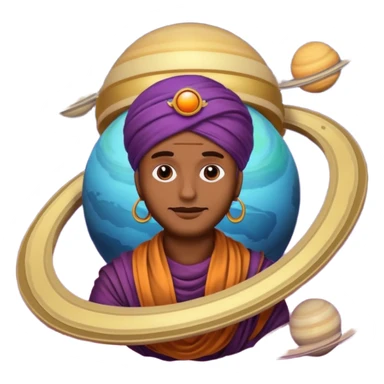 A bold emoji-style illustration with Saturn 🪐 as the dominant element, clearly showing its bright rings. Inside the planet, a stylized man wearing a colorful turban 👳🏾‍♂️, depicted as a mystical or adventurous character, sitting or floating within Saturn, integrated with the planet’s texture. . sticker