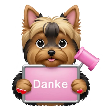 yorkshire dog holding a light pink danke schön sign sticker