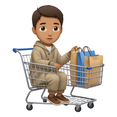 A man in oversized second-hand clothes, sitting beside a shopping cart of items, looking around with soft hopeful eyes.
 sticker
