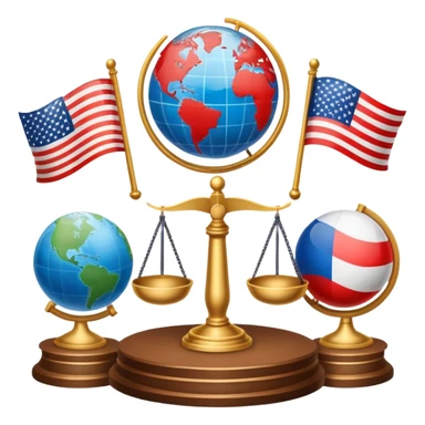 icon featuring podium with a speaker, russian and american flags, and voting ballots. The design includes a globe and scales of justice in the background, representing governance, global affairs, and political theory. Transparent background emphasizes civic engagement and policy. sticker