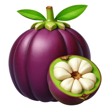 whole mangosteen with thick deep purple rind and green segmented calyx on top, next to a halved fruit revealing glossy white segmented flesh inside, soft juicy interior, firm outer shell, no leaves plate or extras, apple emoji style, soft lighting, subtle shadows, transparent background, emoji scale sticker