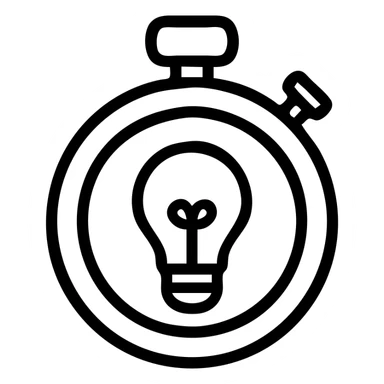 minimalist vector icon of a classic stopwatch with circular thick rim, crown at 12 o'clock, start/stop button on side, with a classic incandescent lightbulb with rounded glass and threaded base centered inside the stopwatch face, clean modern vector art, single dark gray color, no gradients or shadows, bold clear outlines, lightbulb is the focal point sticker
