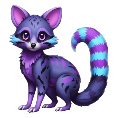 Obsidian-onyx-black and glowing neon-purple, shiny blind hollow empty eyes, magical fantasy-Genet-Sentret-Marsupial-Possum-Vernid-Sergal-Fakémon-hybrid, by LiLaiRa-griffsnuff, full body sticker