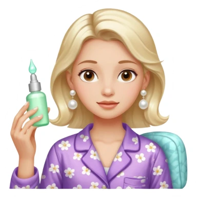 Clean girl aesthetic emoticons, apply skincare products, pearl earrings, glowing skin, pajamas, soft lighting sticker
