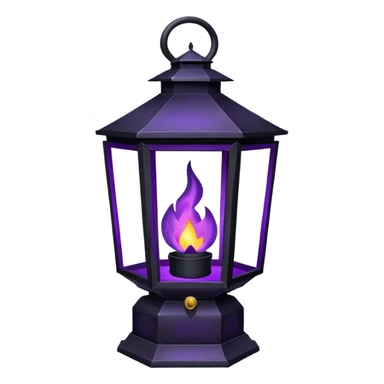 A Discord emoji of a dark violet flame burning inside a black iron lantern. The lantern has sharp, gothic edges and a small 'streak' of light emerging from it. Dark fantasy aesthetic, bold outlines, vibrant purple fire, white background, high detail but simple enough to be visible at 32x32 pixels. sticker