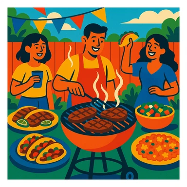 festive backyard grill scene with carne asada, colorful and lively sticker