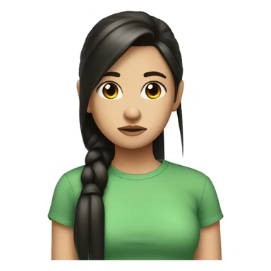 cute girl with black long straight hair brown tips ponytail green shirt sad sticker
