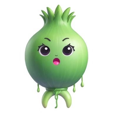 funny and cute 3D chibi green onion character, round white body, big expressive eyes, green leaves as hair, exaggerated crying face with dramatic onion juice tears, pastel kawaii style, smooth soft textures, high quality lighting sticker