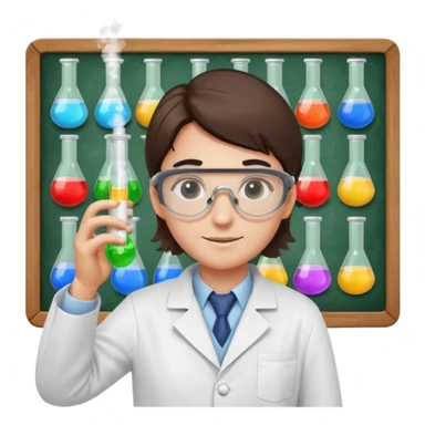 chemist in lab coat with chemical goggles holding a test tube, background with a board of chemical elements, apple emoji style, no text sticker