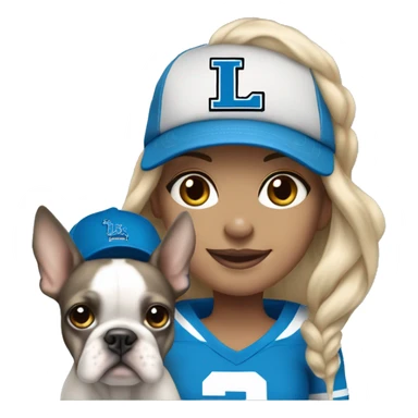 Agirl with shoulder length blond hair wearing a Detroit Lions hat and holding in her arms a gray and white Boston terrier sticker