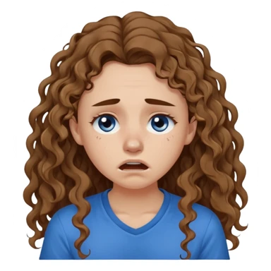 white young curly long hair girl, brown hair, with a blue shirt, in despair crying, brown eyes, septum sticker
