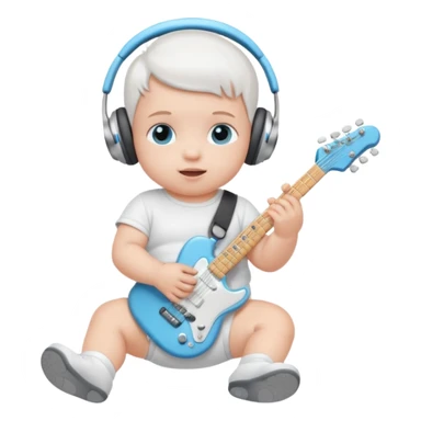 a cute baby in a white diaper and air pod max silver headphones playing a baby blue electric guitar sticker