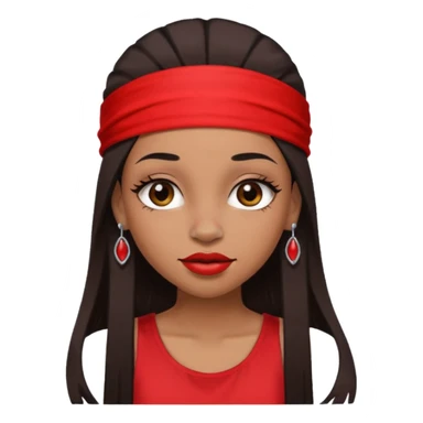 light-skinned black girl with long eyelashes with long strait dark brown hair with edges wearing a red top with no sleeves. and a red accessory on her head with nose and mouth piercings. sticker