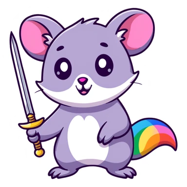 A colorful possum holding a glittery sword, rainbow sparkles, vibrant neon colors, cute big eyes, with stars and hearts background sticker