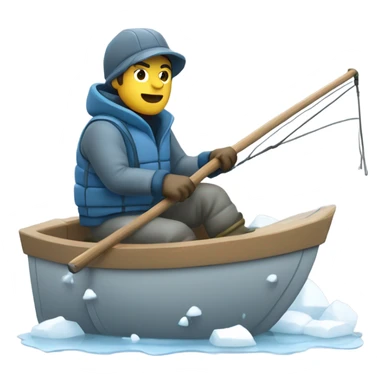 Fisherman in winter gear driving a boat on a slushy lake, pushing through ice. Apple style, side view, focused expression, blue, gray, white palette. sticker
