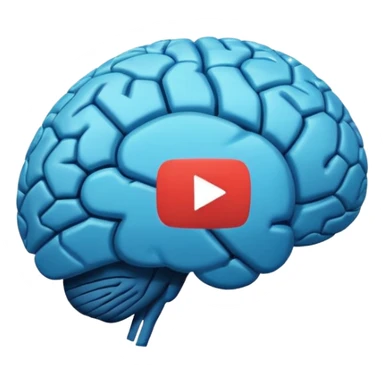 Minimalist flat icon design, brain silhouette with YouTube play button triangle integrated inside, clean vector style, single color or gradient, simple lines, professional logo style, white background, centered composition sticker