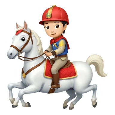 A Chinese little boy is riding a cute white small horse, and the horse is running. The blanket on the saddle says ‘2026.’  (2026 MUST HAVE) 。 sticker