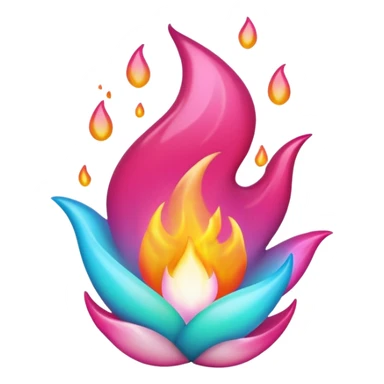 Floating hyper-realistic magenta-pink-white-cyan-gradient ember-flame sticker