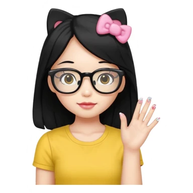 Nails cute with hello kitty wear glasses black long  hair wear, yellow shirt sticker