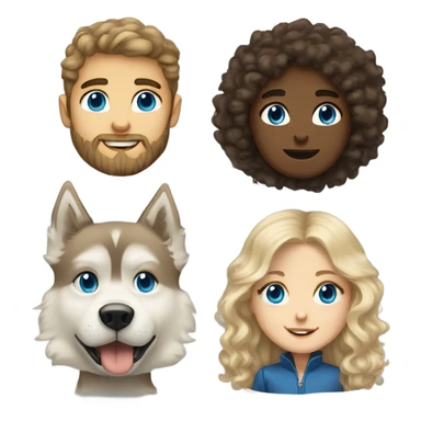 A blonde haired blue eyed girl and a brunette brown eyed boy with medium length curly hair and a beard with a husky  sticker