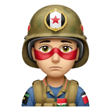 Tired Iraqi soldier wearing helmet with Iraqi flag, sad expression, half open eyes and bags under eyes, reflecting fatigue and pain sticker