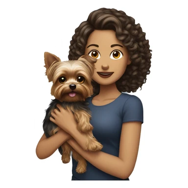 white women with curly medium length brunette hair, holding a yorkie dog sticker