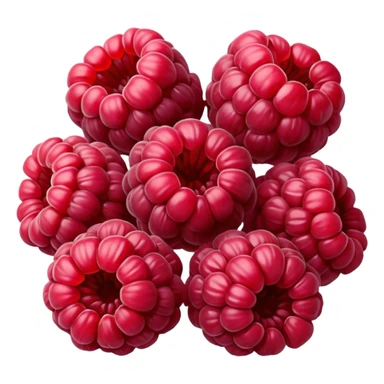 small cluster of whole dried raspberries with deep red to burgundy tones, wrinkled surfaces, hollow airy centers, matte slightly crisp texture, natural irregular shapes, no bowl or extras, soft lighting, subtle shadows, emoji scale sticker